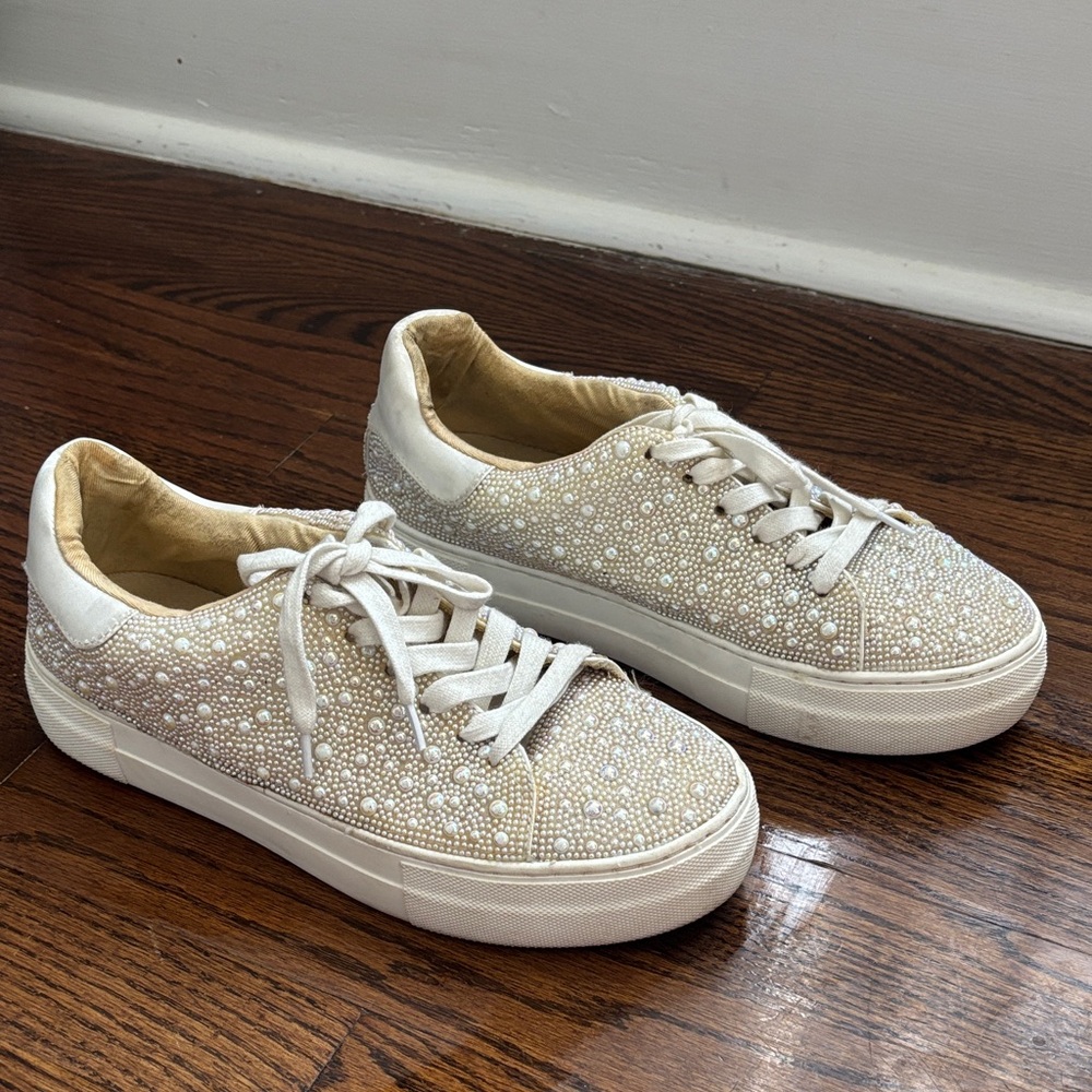 Betsey Johnson Pearl Studded Sneakers - Cream and White